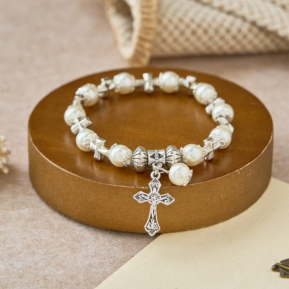 Christianartworkshop Bracciale con perline e croce in argento: incarna la grazia della riflessione devozionale - Bianco - image 0