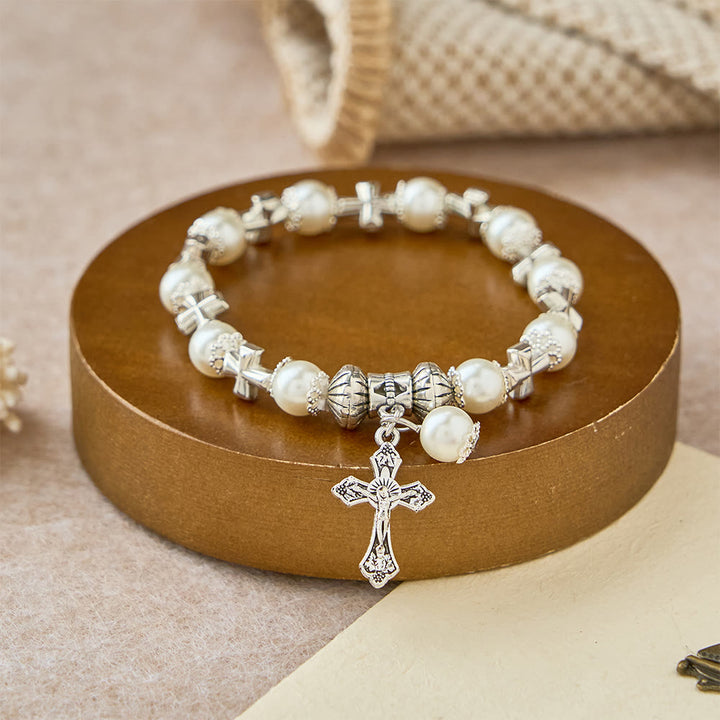 Christianartworkshop Bracciale con perline e croce in argento: incarna la grazia della riflessione devozionale - Bianco - image 0