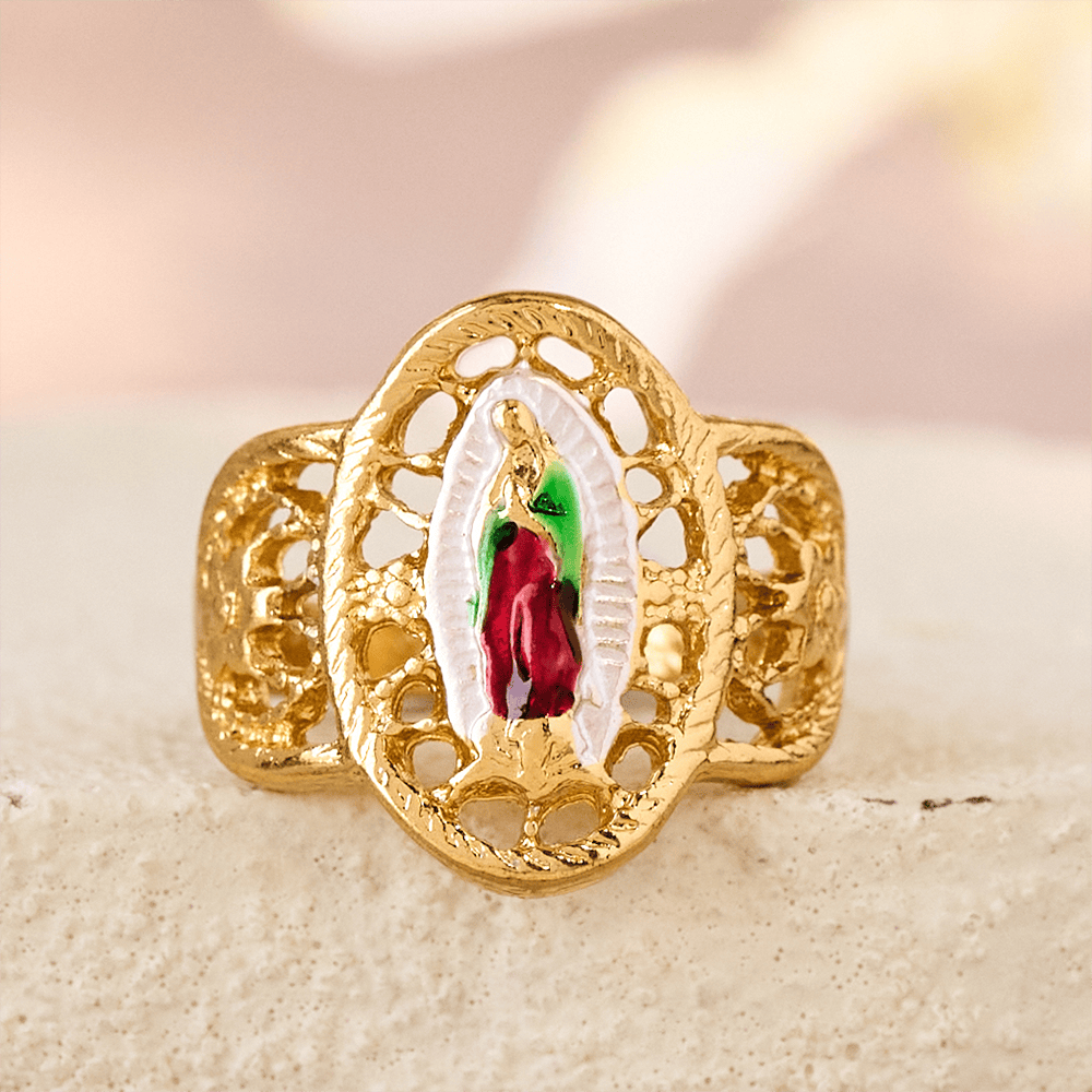 Christianartworkshop Anello traforato decorato con Madonna: tre varianti di colore per una devozione senza tempo - image 1