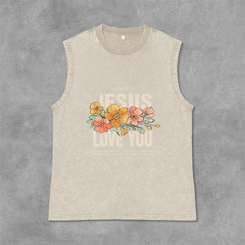 Christianartworkshop Canotta unisex lavata con motivo floreale Jesus Loves You - Beige - 2XL - image 6