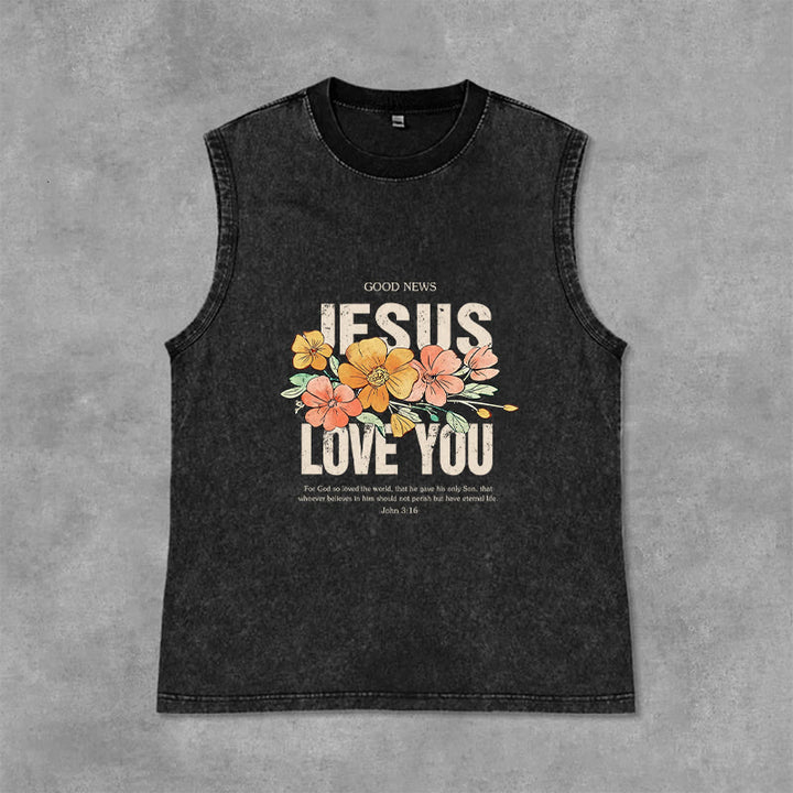 Christianartworkshop Canotta unisex lavata con motivo floreale Jesus Loves You - Nero - 2XL - image 0