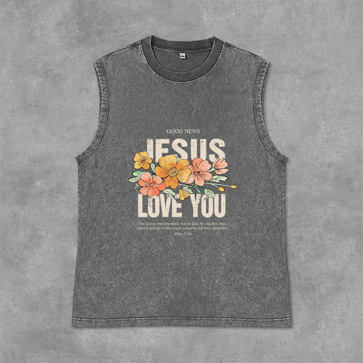 Christianartworkshop Canotta unisex lavata con motivo floreale Jesus Loves You - Grigio - 2XL - image 9