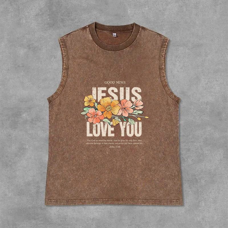 Christianartworkshop Canotta unisex lavata con motivo floreale Jesus Loves You - Marrone - 2XL - image 12