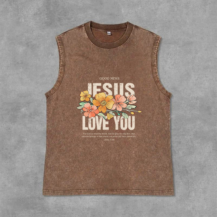 Christianartworkshop Canotta unisex lavata con motivo floreale Jesus Loves You - Marrone - 2XL - image 12