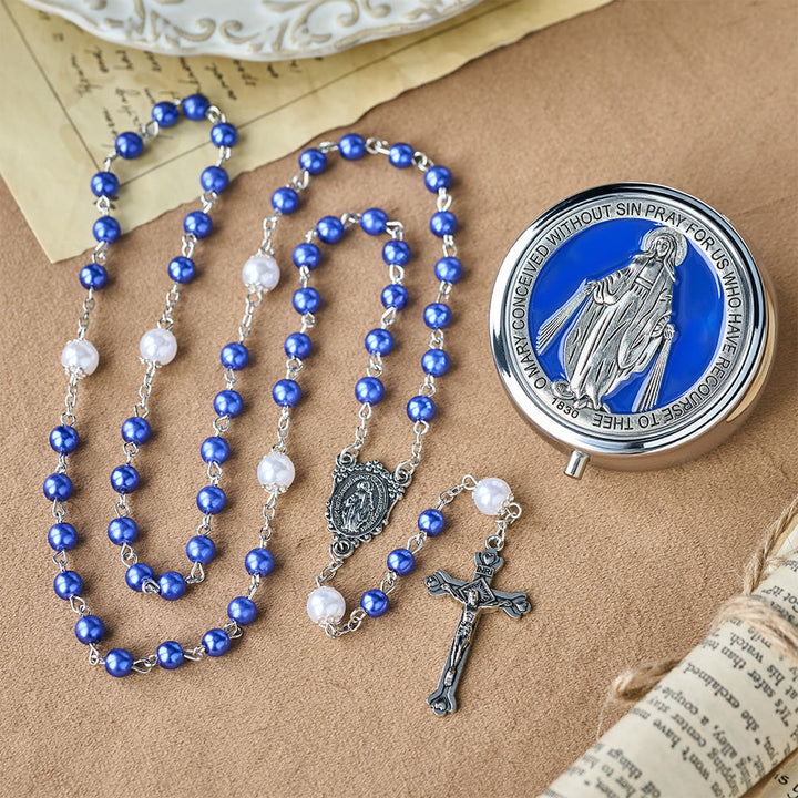 Christianartworkshop Rosario devozionale con scatola portaoggetti: medaglia della Madonna e crocifisso per la riflessione orante - Blu - image 0