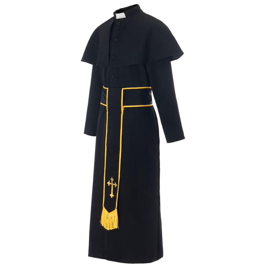 Christianartworkshop Abito talare nero in stile medievale con cintura a nappe incrociate e collo a scialle - image 4