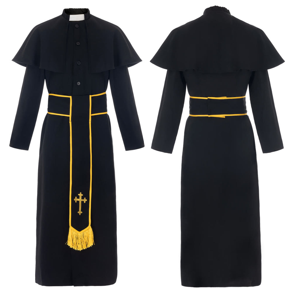 Christianartworkshop Abito talare nero in stile medievale con cintura a nappe incrociate e collo a scialle - 3XL - image 1