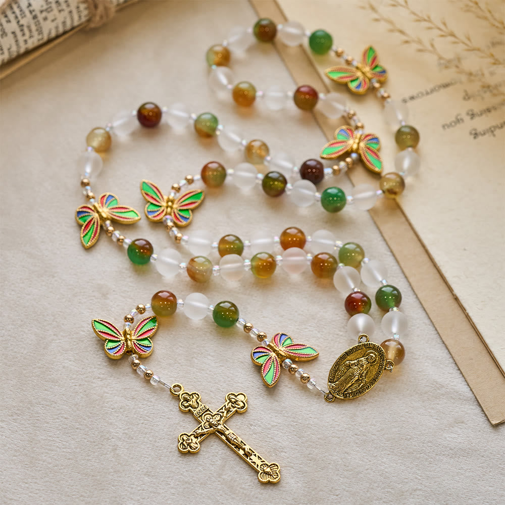 Christianartworkshop Rosario a farfalla in malachite naturale con smalto: Farfalla della fede - La Madonna e il Crocifisso - image 0