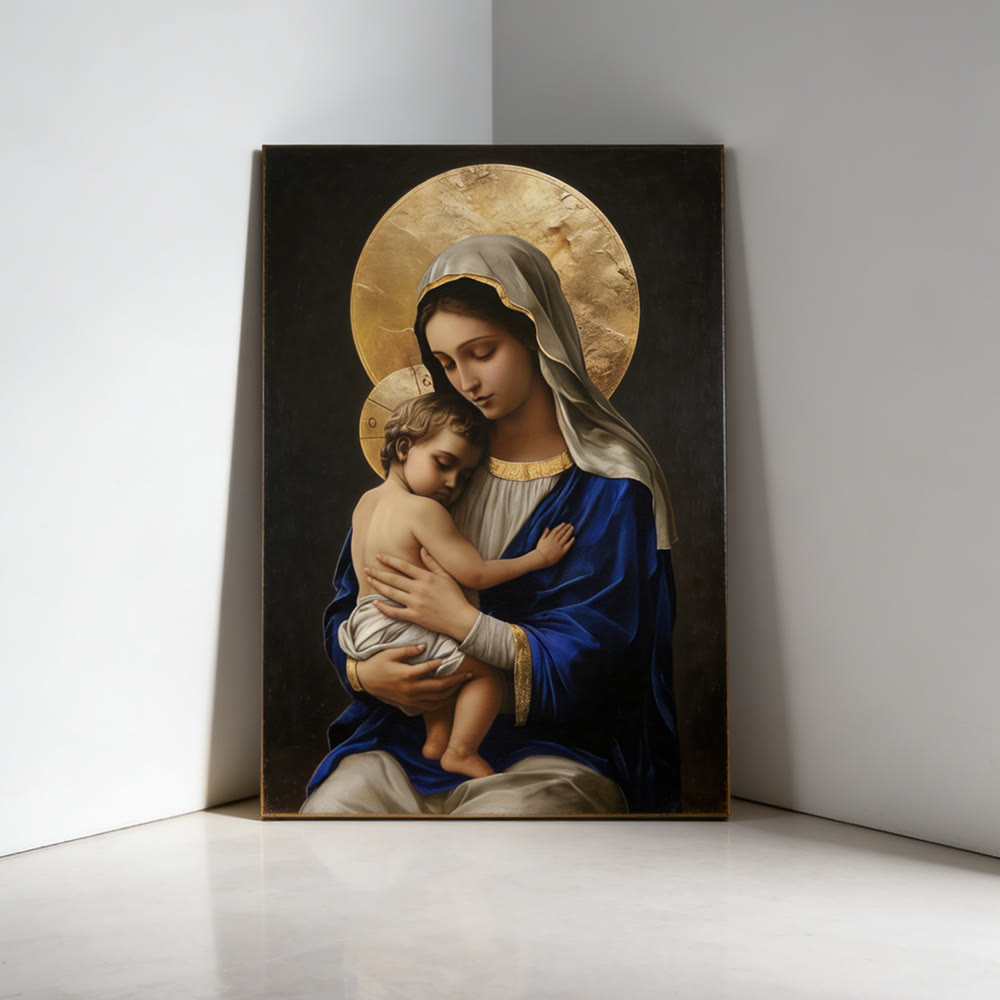 Christianartworkshop Stampa su tela raffigurante la Madonna col Bambino in veste blu reale: incarna la pura devozione di Maria - image 1