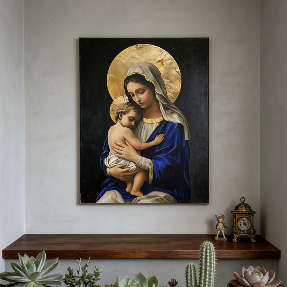 Christianartworkshop Stampa su tela raffigurante la Madonna col Bambino in veste blu reale: incarna la pura devozione di Maria - image 3