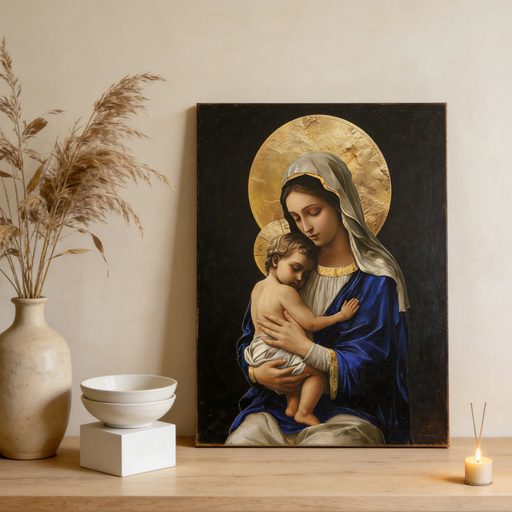 Christianartworkshop Stampa su tela raffigurante la Madonna col Bambino in veste blu reale: incarna la pura devozione di Maria - Dipinto su tela incorniciato - 13,77"*19,58"*0,59"/35*50*1,5 cm - image 0
