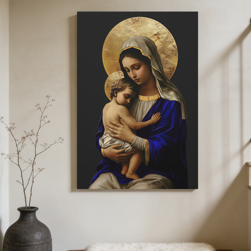 Christianartworkshop Stampa su tela raffigurante la Madonna col Bambino in veste blu reale: incarna la pura devozione di Maria - image 2