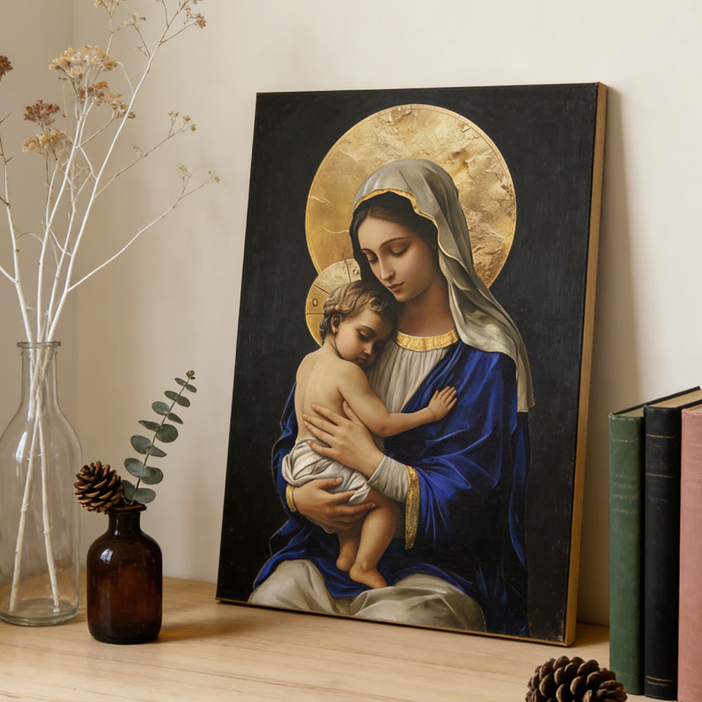 Christianartworkshop Stampa su tela raffigurante la Madonna col Bambino in veste blu reale: incarna la pura devozione di Maria - image 4