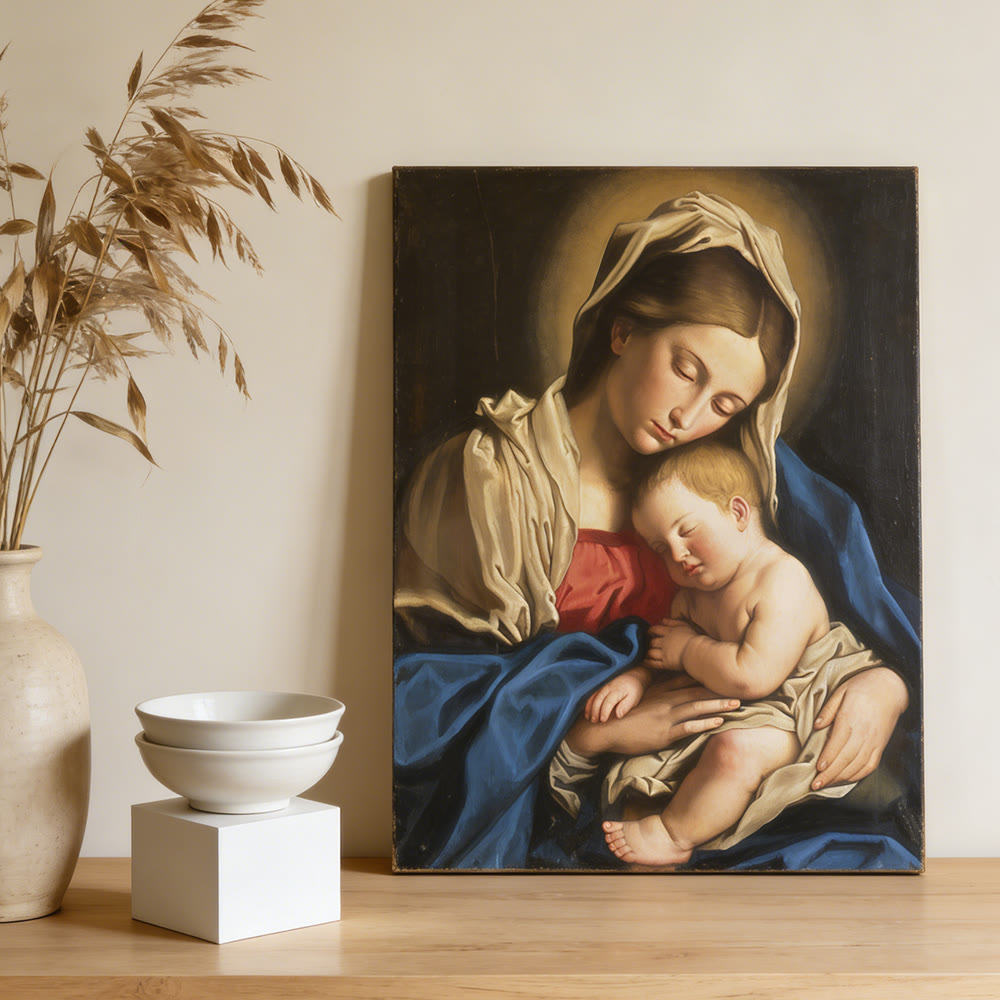Christianartworkshop Stampa artistica da parete con Gesù addormentato con alone dorato: fonda la tua fede nell'intimità della Sacra Famiglia - image 3