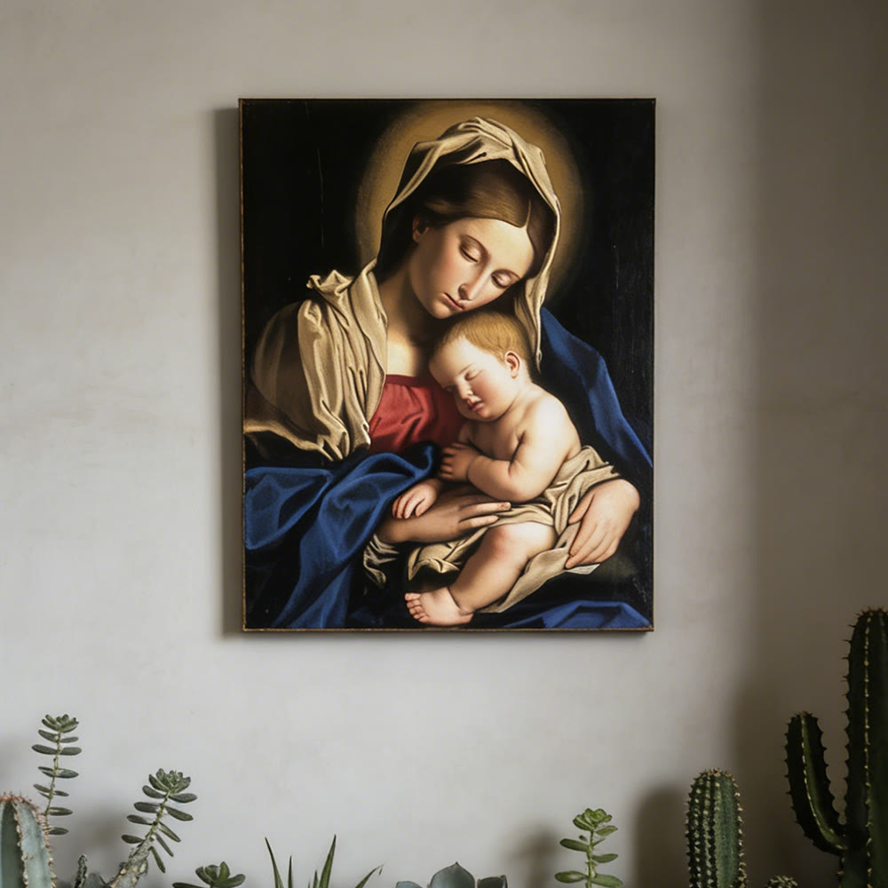Christianartworkshop Stampa artistica da parete con Gesù addormentato con alone dorato: fonda la tua fede nell'intimità della Sacra Famiglia - image 1