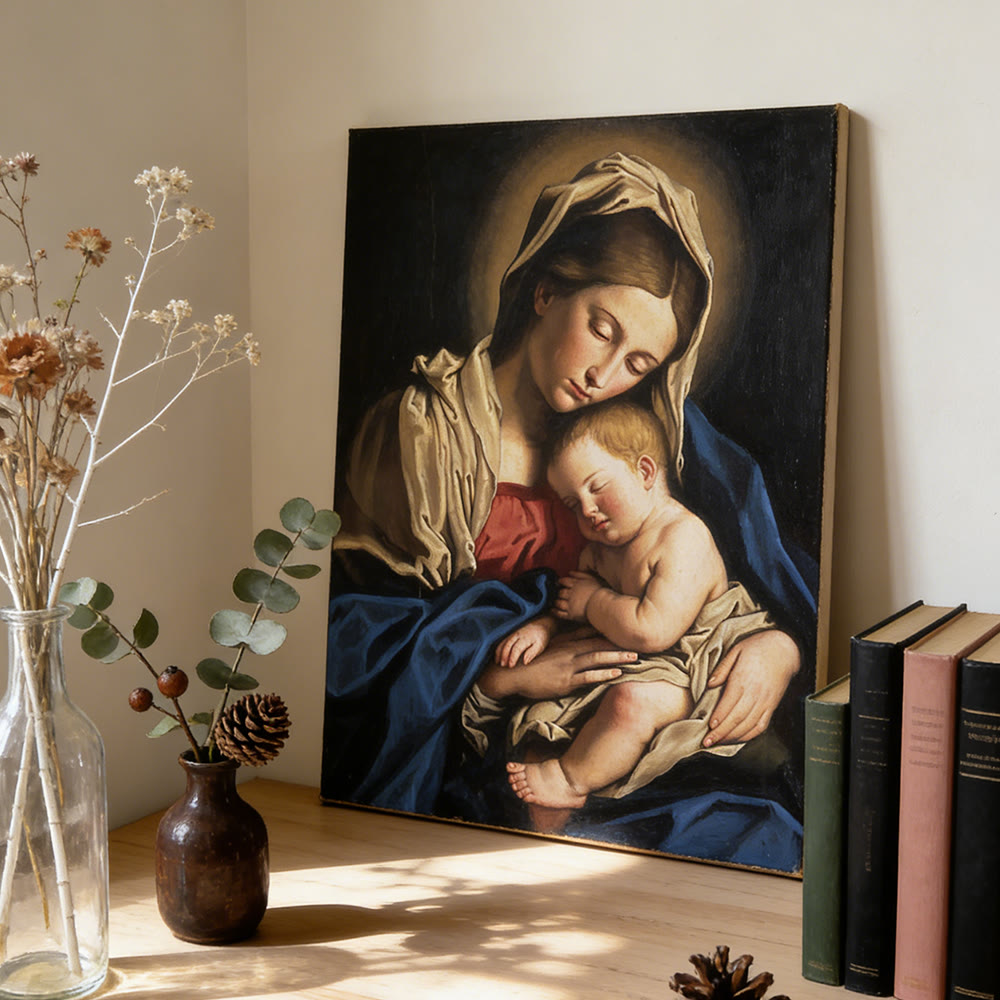 Christianartworkshop Stampa artistica da parete con Gesù addormentato con alone dorato: fonda la tua fede nell'intimità della Sacra Famiglia - Dipinto su tela incorniciato - 13,77"*19,58"*0,59"/35*50*1,5 cm - image 0