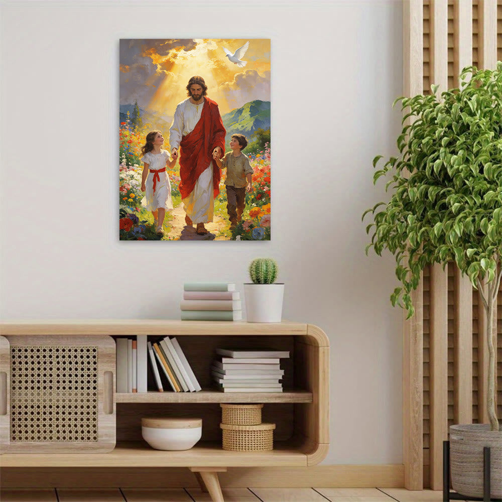 Christianartworkshop Stampa artistica cristiana da parete "Luce dorata Gesù cammina con i bambini": incarna la gioia della fede infantile - image 1