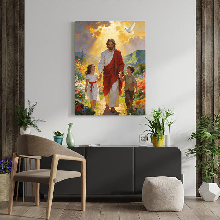 Christianartworkshop Stampa artistica cristiana da parete "Luce dorata Gesù cammina con i bambini": incarna la gioia della fede infantile - image 2