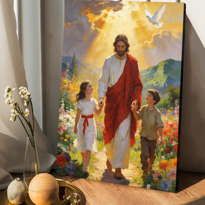 Christianartworkshop Stampa artistica cristiana da parete "Luce dorata Gesù cammina con i bambini": incarna la gioia della fede infantile - image 3