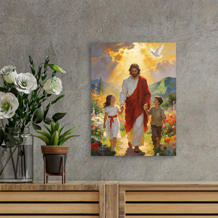 Christianartworkshop Stampa artistica cristiana da parete "Luce dorata Gesù cammina con i bambini": incarna la gioia della fede infantile - Dipinto su tela incorniciato - 13,77"*19,58"*0,59"/35*50*1,5 cm - image 0