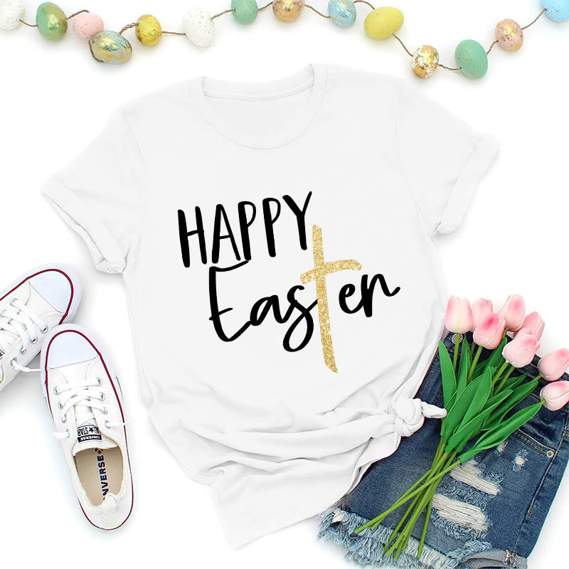 Christianartworkshop Maglietta premium con scritta "Happy Easter" e scritta a croce glitterata - Bianco - 2XL - image 4