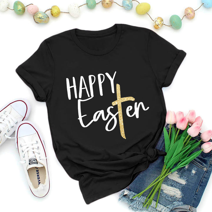 Christianartworkshop Maglietta premium con scritta "Happy Easter" e scritta a croce glitterata - Nero - 2XL - image 5