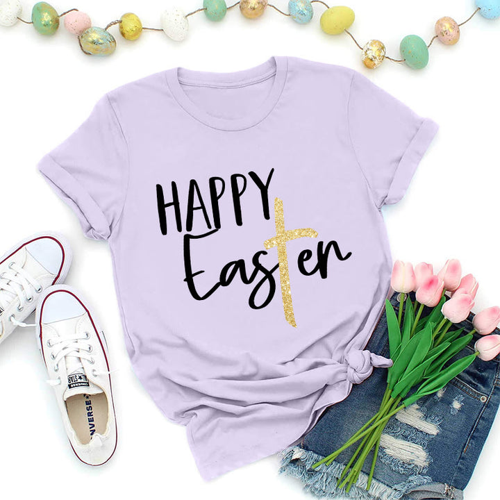 Christianartworkshop Maglietta premium con scritta "Happy Easter" e scritta a croce glitterata - Viola - 2XL - image 7