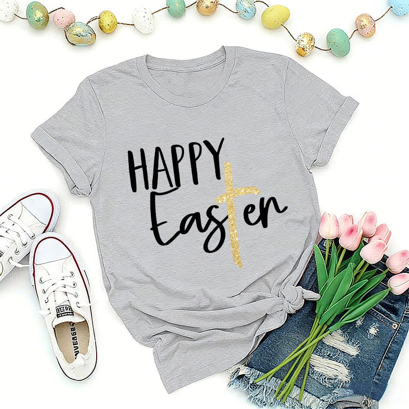 Christianartworkshop Maglietta premium con scritta "Happy Easter" e scritta a croce glitterata - Grigio - 2XL - image 3