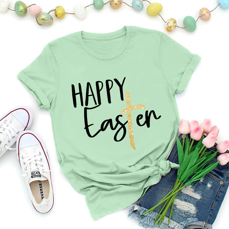 Christianartworkshop Maglietta premium con scritta "Happy Easter" e scritta a croce glitterata - Verde chiaro - 2XL - image 8