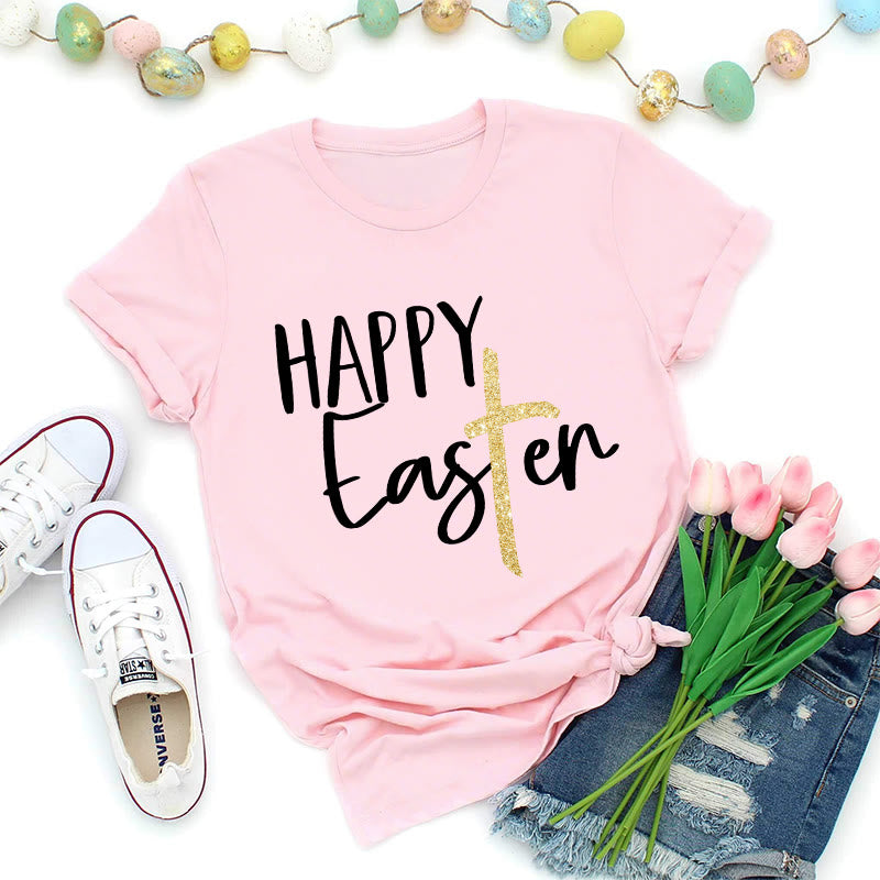 Christianartworkshop Maglietta premium con scritta "Happy Easter" e scritta a croce glitterata - Rosa - 2XL - image 2
