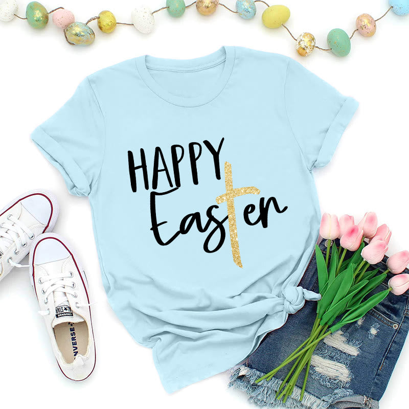 Christianartworkshop Maglietta premium con scritta "Happy Easter" e scritta a croce glitterata - Blu - 2XL - image 0
