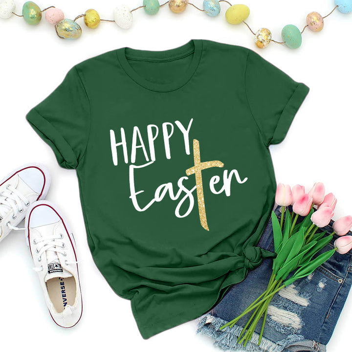 Christianartworkshop Maglietta premium con scritta "Happy Easter" e scritta a croce glitterata - Verde scuro - 2XL - image 6