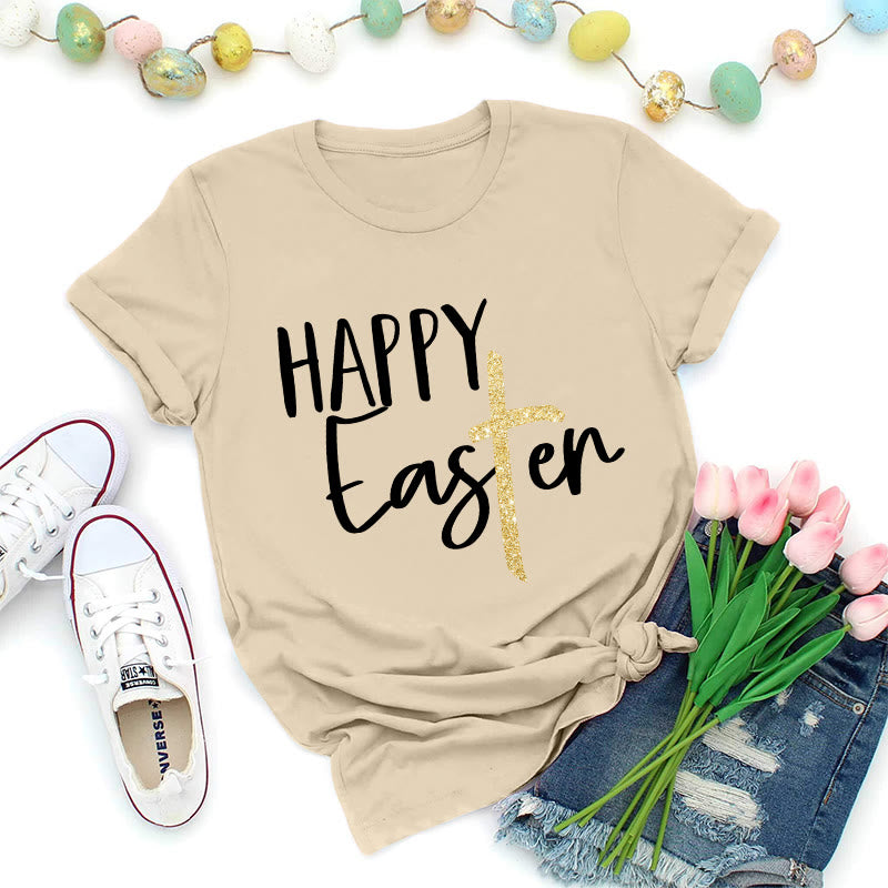 Christianartworkshop Maglietta premium con scritta "Happy Easter" e scritta a croce glitterata - Beige - 2XL - image 1
