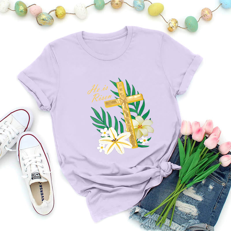 Christianartworkshop Maglietta con croce dorata e gloria della Resurrezione - Viola - 2XL - image 0