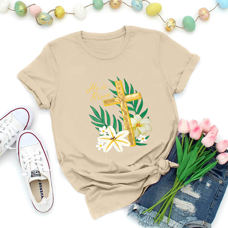 Christianartworkshop Maglietta con croce dorata e gloria della Resurrezione - Beige - 2XL - image 3