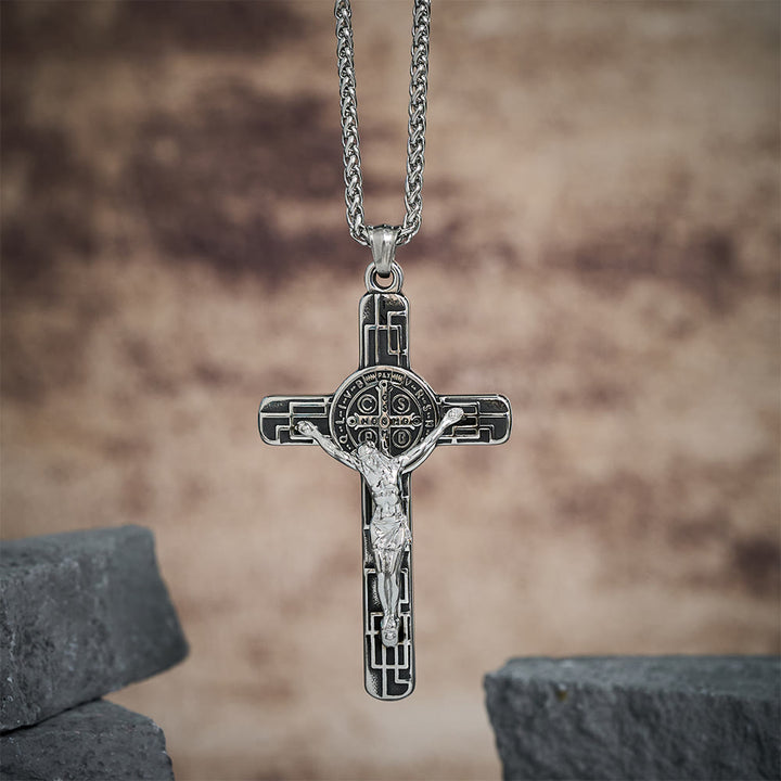 Christianartworkshop Collana con ciondolo di protezione con medaglia di San Benedetto e crocifisso in stile retrò classico - image 12