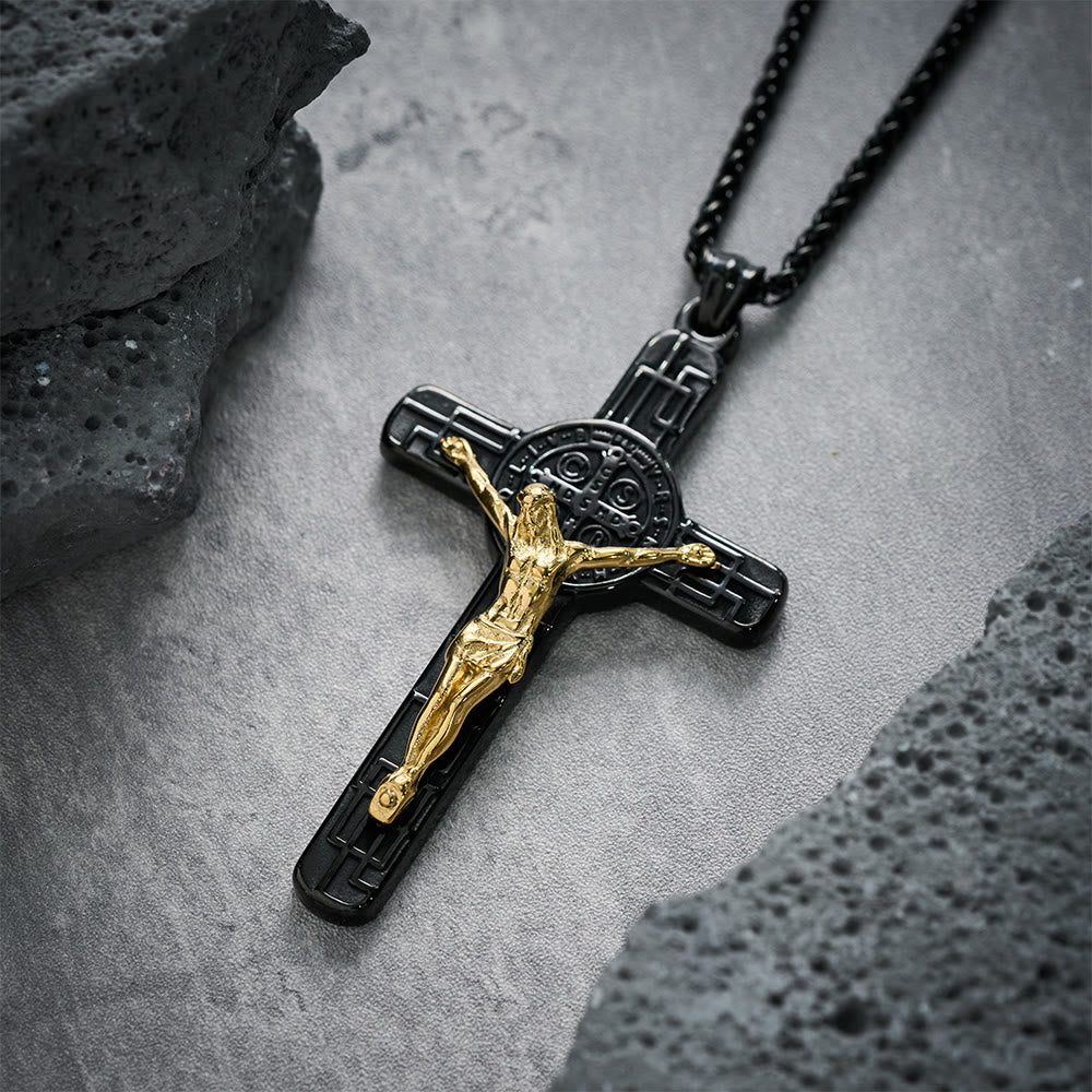 Christianartworkshop Collana con ciondolo di protezione con medaglia di San Benedetto e crocifisso in stile retrò classico - Nero-oro - image 6