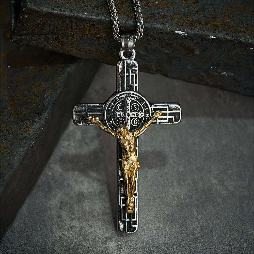 Christianartworkshop Collana con ciondolo di protezione con medaglia di San Benedetto e crocifisso in stile retrò classico - image 4
