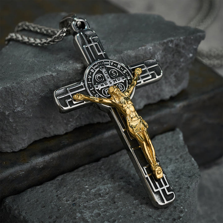 Christianartworkshop Collana con ciondolo di protezione con medaglia di San Benedetto e crocifisso in stile retrò classico - image 3