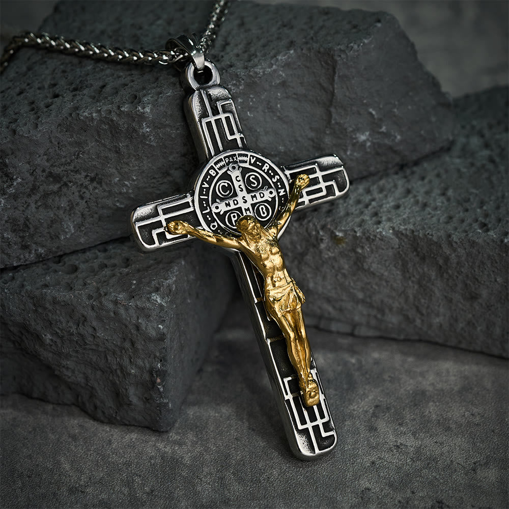 Christianartworkshop Collana con ciondolo di protezione con medaglia di San Benedetto e crocifisso in stile retrò classico - image 5