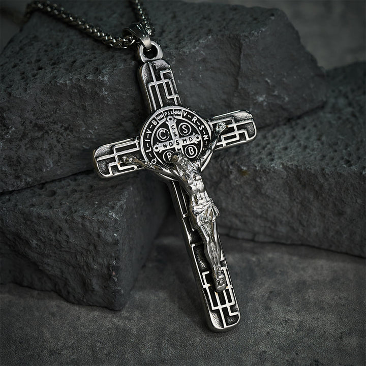 Christianartworkshop Collana con ciondolo di protezione con medaglia di San Benedetto e crocifisso in stile retrò classico - image 14