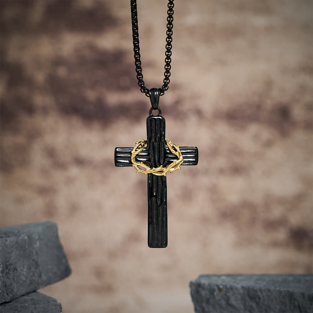 Christianartworkshop Collana con ciondolo a forma di croce con corona di spine di Gesù in stile moderno e protezione sacra - Nero e oro - image 7