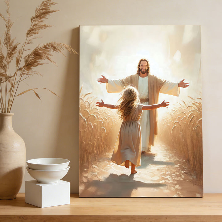 Christianartworkshop Corri verso Gesù Abbraccia le stampe artistiche da parete: un simbolo di amore divino incondizionato - Dipinto su tela incorniciato - 11,81''*15,75''0,71"/30*40*1,8 cm - image 0