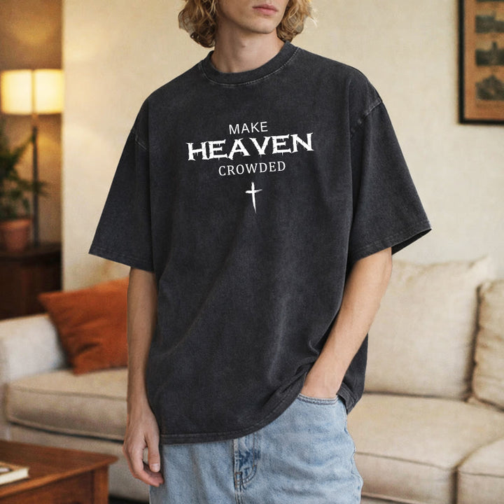 Christianartworkshop Maglietta unisex lavata con scritta "Make Heaven Crowded Cross" e effetto invecchiato. - image 3