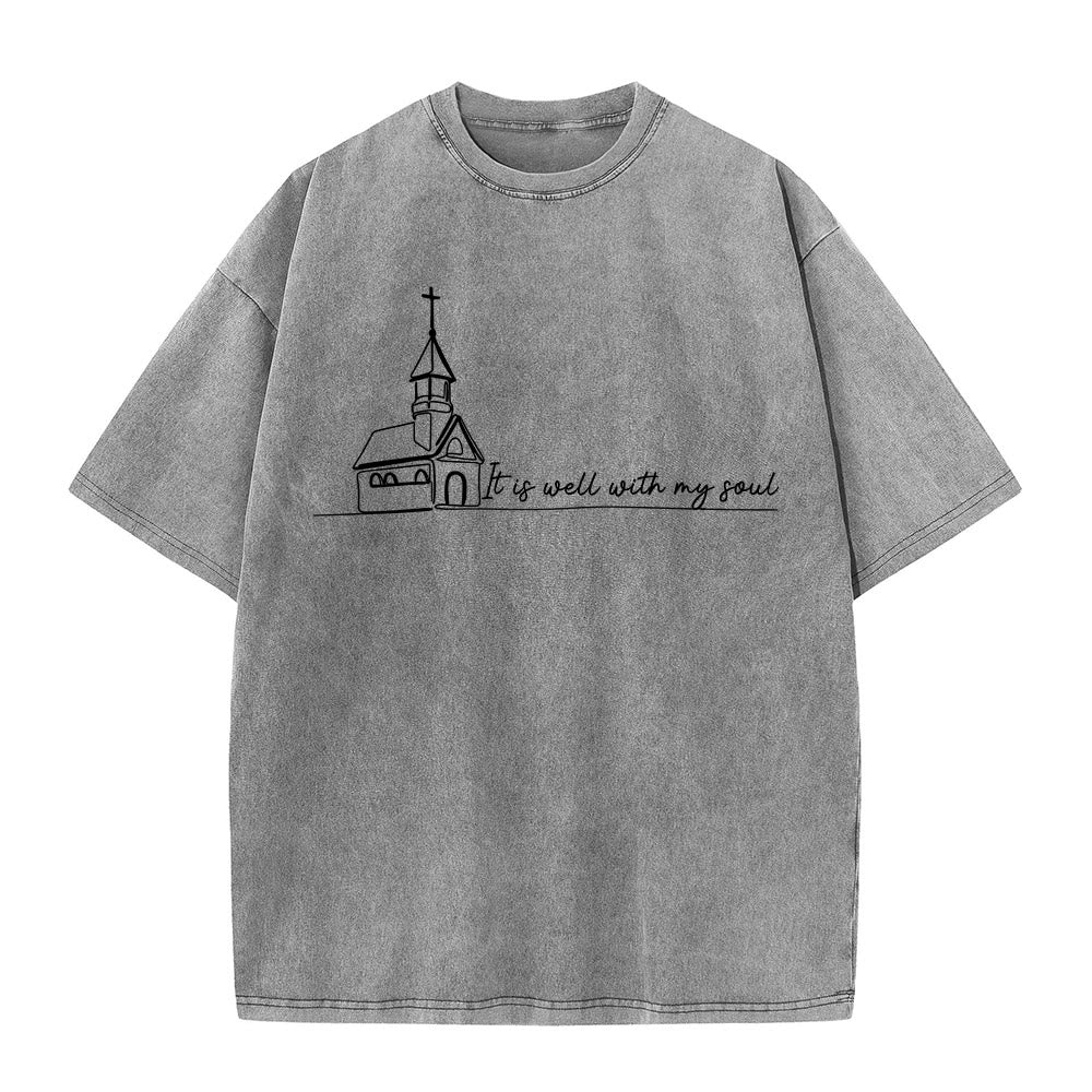 Christianartworkshop It Is Well With My Soul Church Sketch Line Art T-shirt unisex lavata - Grigio - 5XL - image 0