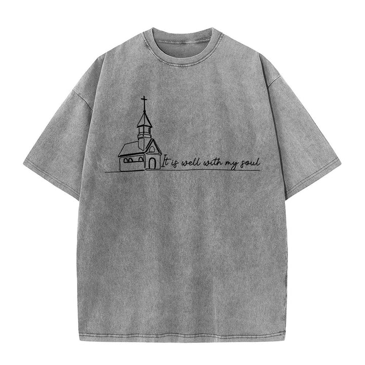 Christianartworkshop It Is Well With My Soul Church Sketch Line Art T-shirt unisex lavata - Grigio - 5XL - image 0