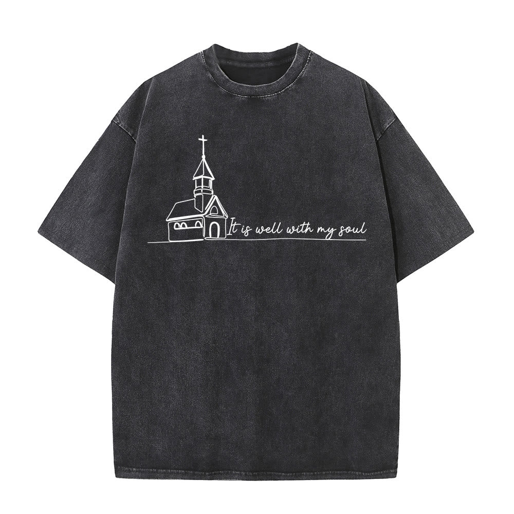 Christianartworkshop It Is Well With My Soul Church Sketch Line Art T-shirt unisex lavata - Nero - 5XL - image 1