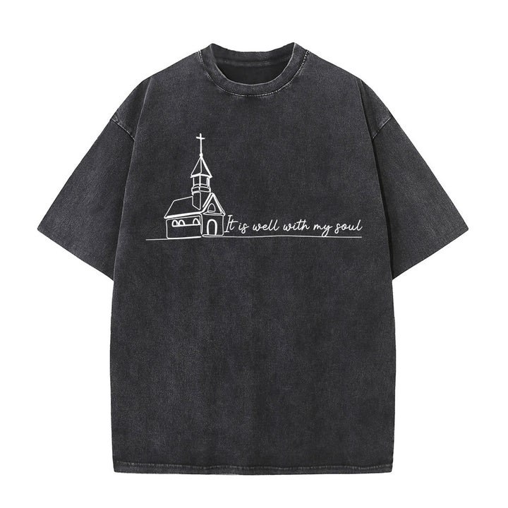 Christianartworkshop It Is Well With My Soul Church Sketch Line Art T-shirt unisex lavata - Nero - 5XL - image 1