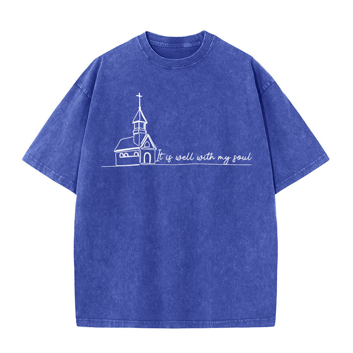 Christianartworkshop It Is Well With My Soul Church Sketch Line Art T-shirt unisex lavata - Blu - 5XL - image 12