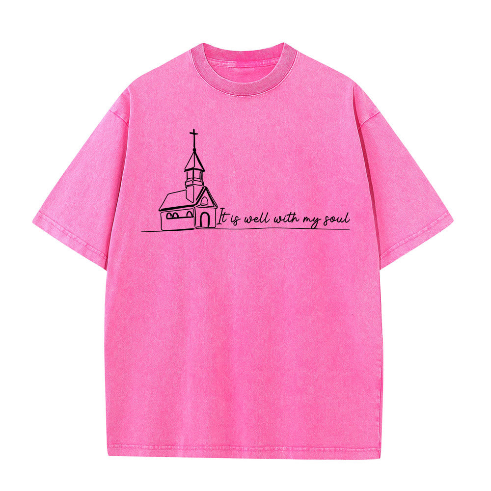 Christianartworkshop It Is Well With My Soul Church Sketch Line Art T-shirt unisex lavata - Rosa - 5XL - image 10